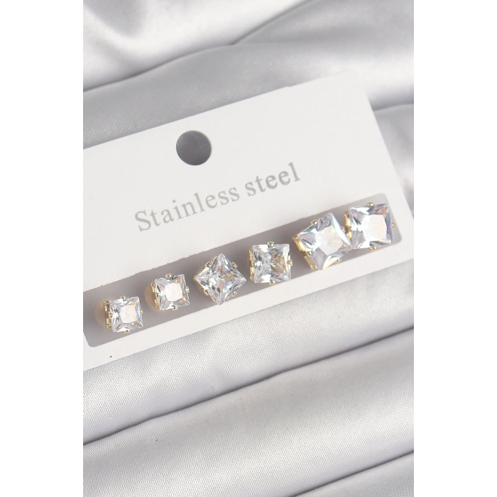 316L Çelik Gold Renk Kare Zirkon Taş Model Kadın Küpe Seti - TJ-BKP10304