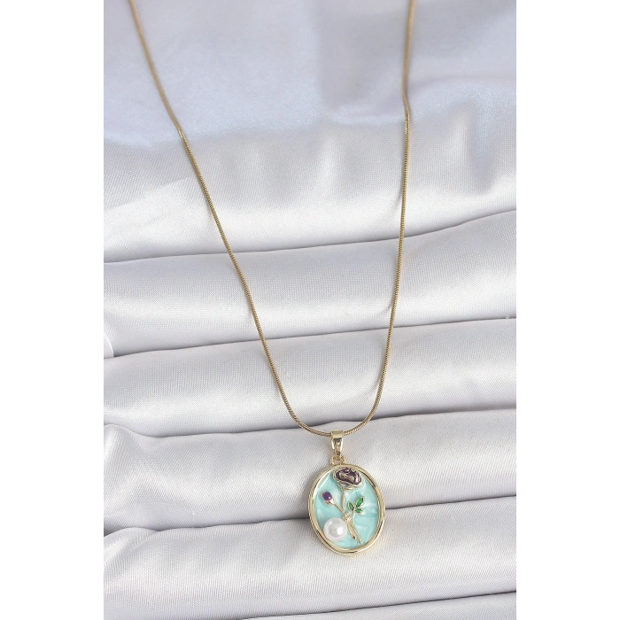 316L Çelik Gold Renk Zincir Mavi Çiçek İşlemeli İnci Detay Portre Model Kadın Kolye - TJ-BKO10076