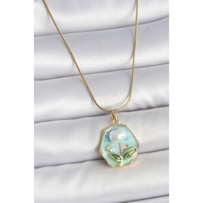 316L Çelik Gold Renk Zincir Mavi Çiçek İşlemeli İnci İşlemeli Portre Model Kadın Kolye - TJ-BKO10126