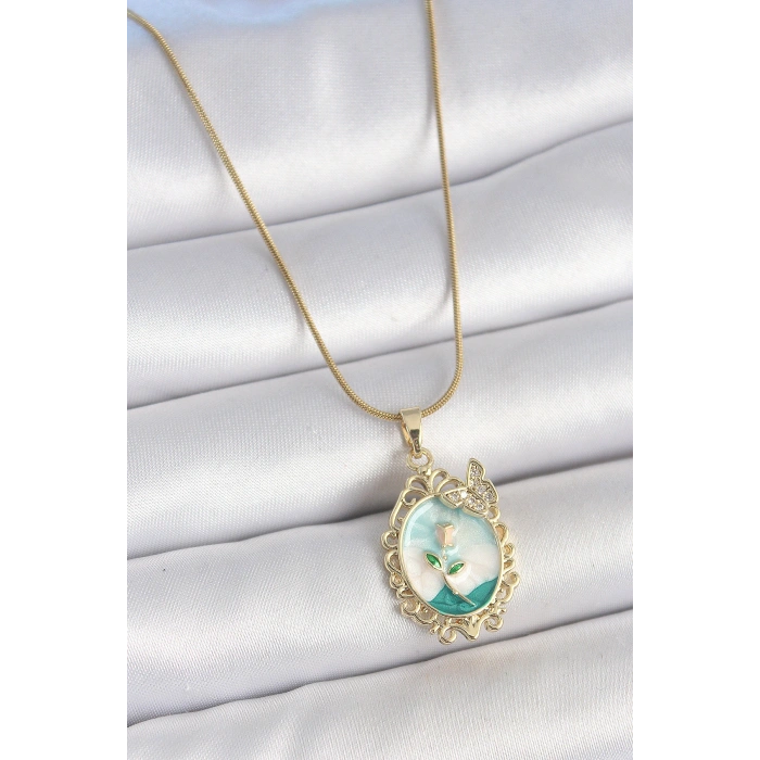 316L Çelik Gold Renk Zincir Mavi Mineli Çiçek İşlemeli Zirkon Taş Detaylı Portre Model Kadın Kolye - TJ-BKO10183