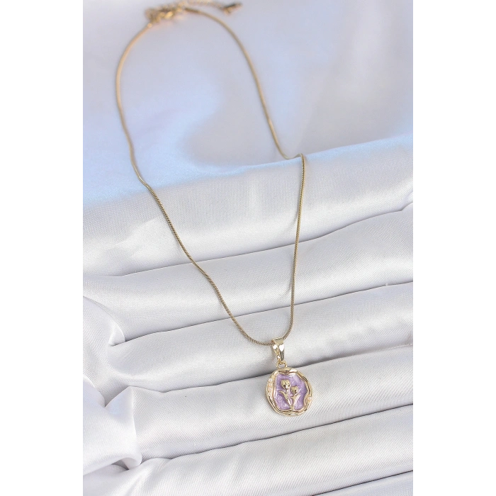 316L Çelik Gold Renk Zincir Mor Mineli Çiçek İşlemeli Portre Model Kadın Kolye - TJ-BKO10164