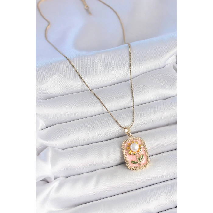 316L Çelik Gold Renk Zincir Pembe Mineli İncli Papatya Model Portre Model Kadın Kolye - TJ-BKO10197