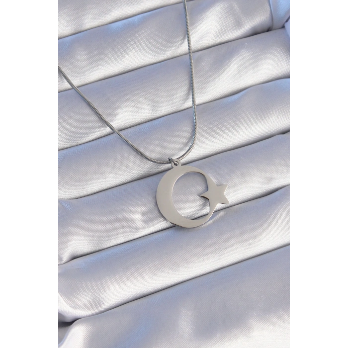 316L Çelik Gümüş Renk Ay Yıldız Model Unisex Kolye - TJ-BKO8882
