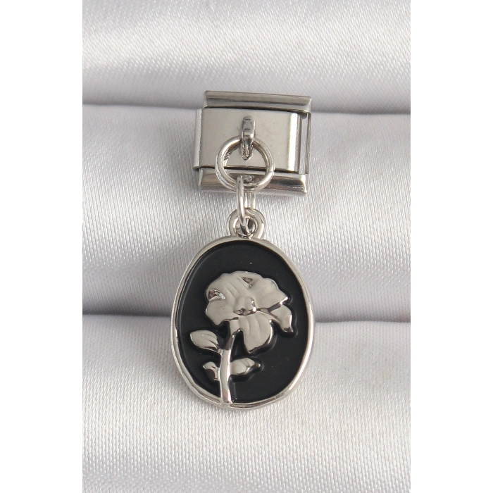 316L Çelik Gümüş Renk Gümüş Çiçek İşlemeli Siyah Portre Model Nomination Charm - TJ-BC1210