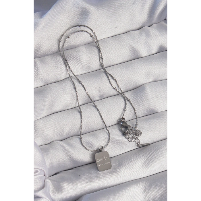 316L Çelik Gümüş Renk Kare Charm Model Kolye - TJ-BKO8927