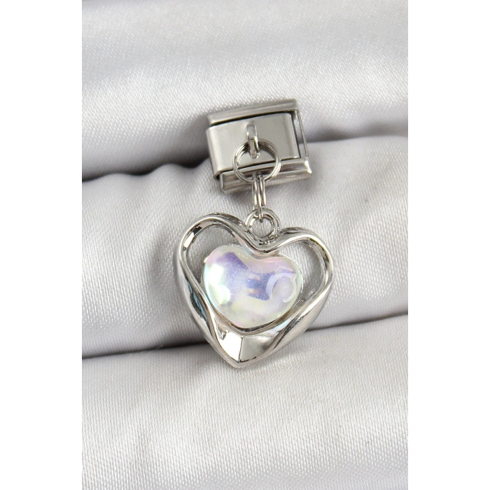 316L Çelik Sallantılı Zirkon Taşlı Kalp Model Gümüş Renk Nomination Charm - TJ-BC1461