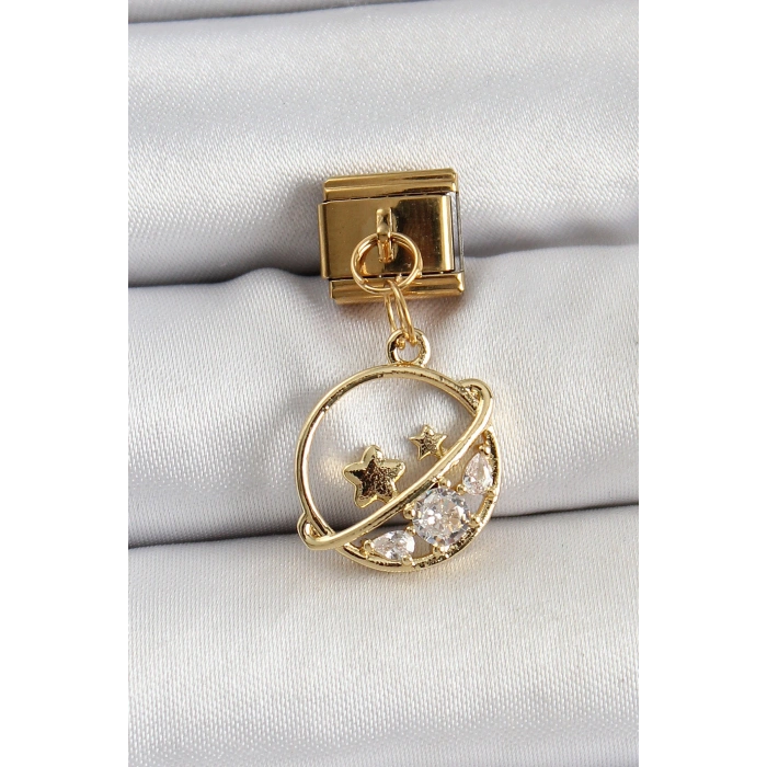 316L Çelik Sallantılı Zirkon Taşlı Satürn Model Gold Renk Nomination Charm - TJ-BC1418
