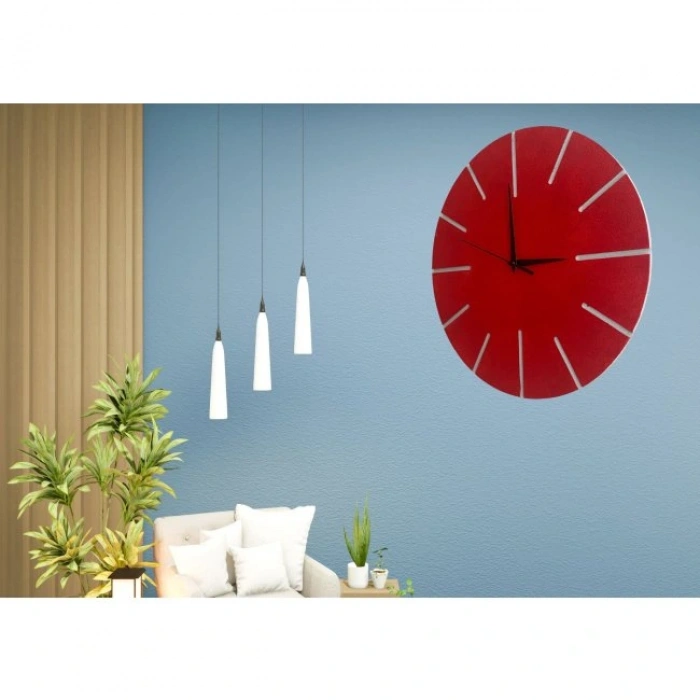 Ahşap Minimal Dekoratif Duvar Saati - 33x33 Cm Kırmızı