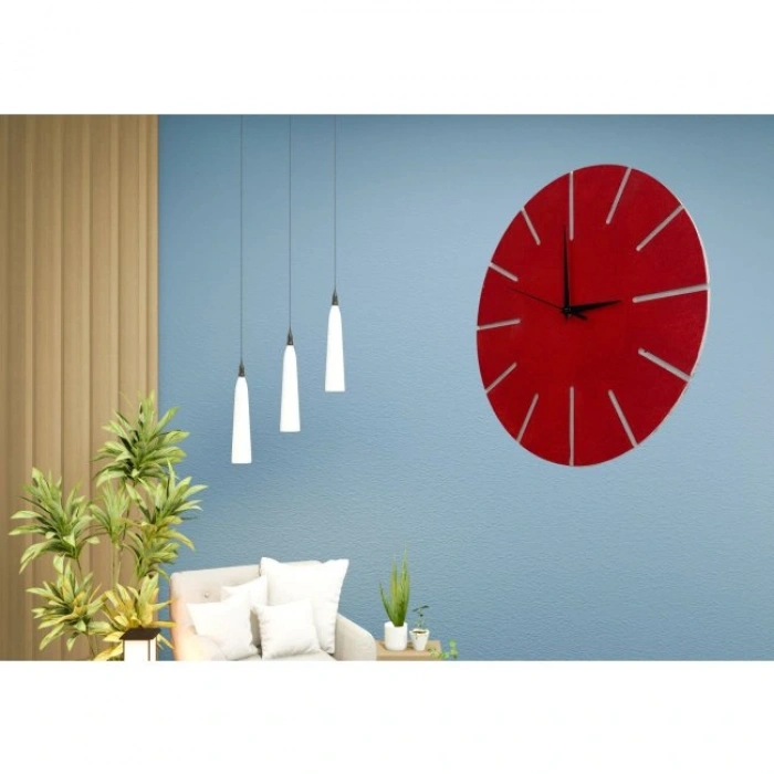 Ahşap Minimal Dekoratif Duvar Saati - 33x33 Cm Kırmızı
