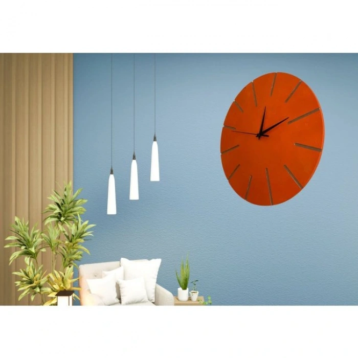 Ahşap Minimal Dekoratif Duvar Saati - 33x33 Cm Turuncu