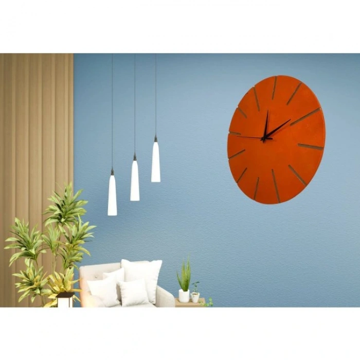 Ahşap Minimal Dekoratif Duvar Saati - 33x33 Cm Turuncu