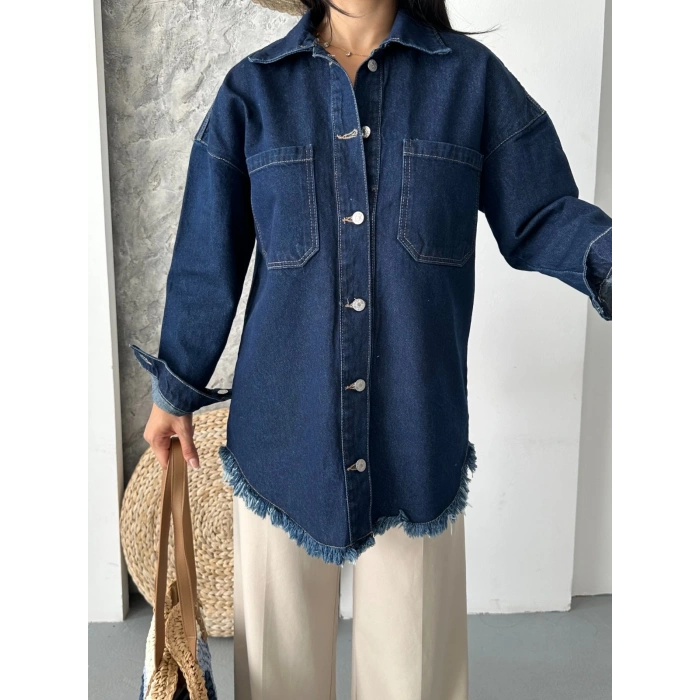 Cepli püsküllü kar yıkama kot ceket koyu mavi d2515