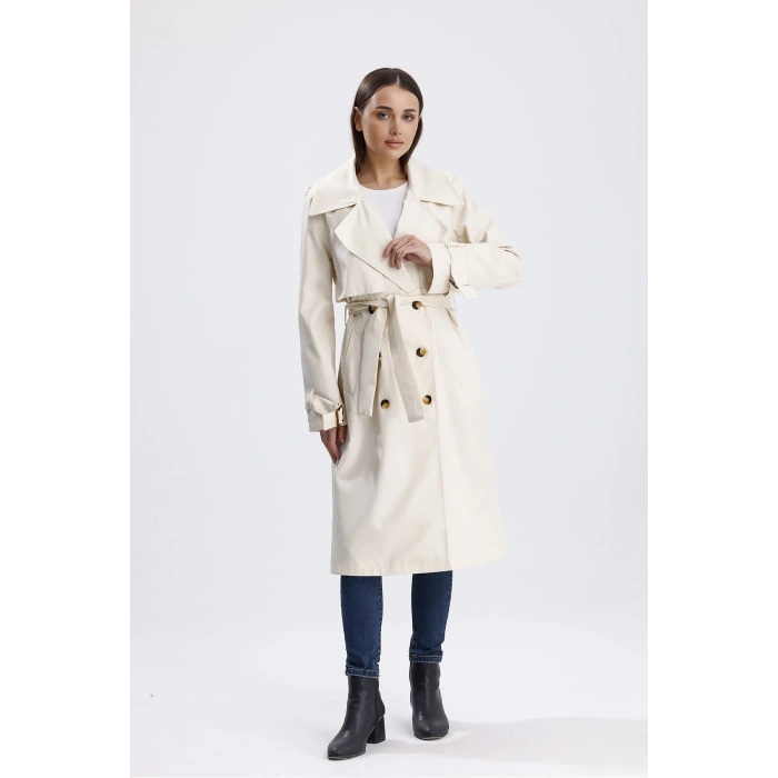 Ekru Klasik Kuşaklı Astarlı Trençkot