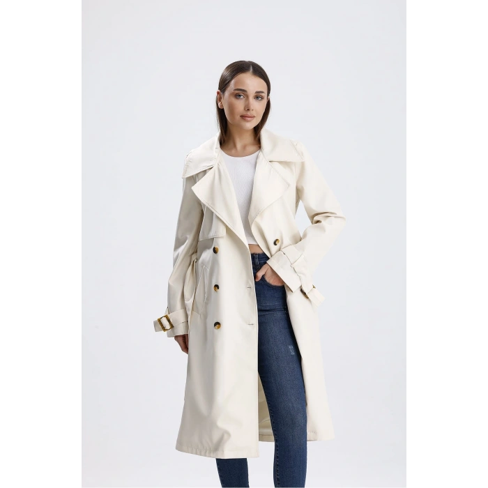 Ekru Klasik Kuşaklı Astarlı Trençkot