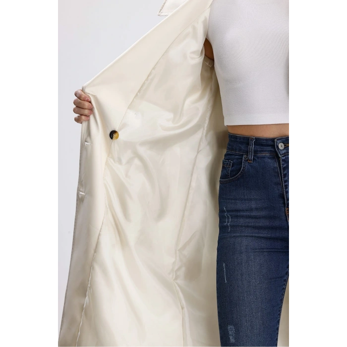 Ekru Klasik Kuşaklı Astarlı Trençkot