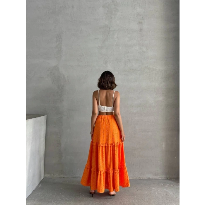 Fırfırlı brodeli astarlı uzun etek turuncu s255047