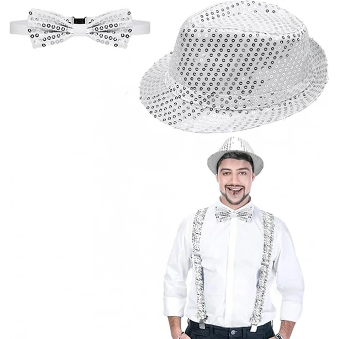 Gümüş Payetli Şapka ve Papyon Seti – Parıltılı Yetişkin Kostüm Seti