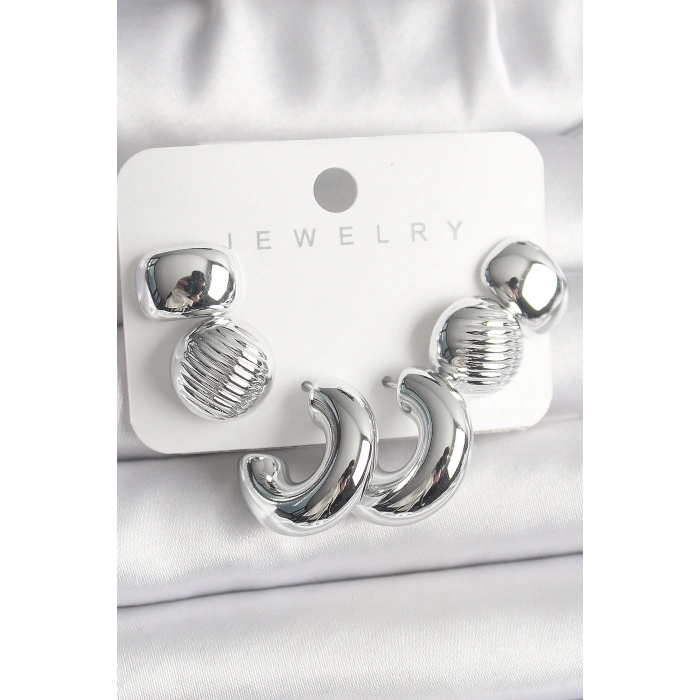 Gümüş Renk İşlemeli Daire Halka Model CCB Platik Kadın Küpe Seti - TJ-BKP10025