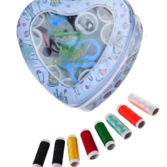 İplik Set Teneke Kutu Kalpli Dikiş Seti