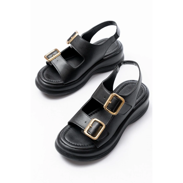 Kaji Siyah Cilt Çift Tokalı Sandalet