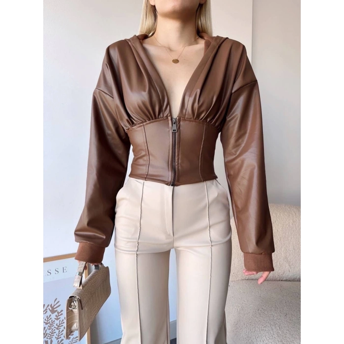 Kapşonlu yarım fermuarlı ceket kahve h24116