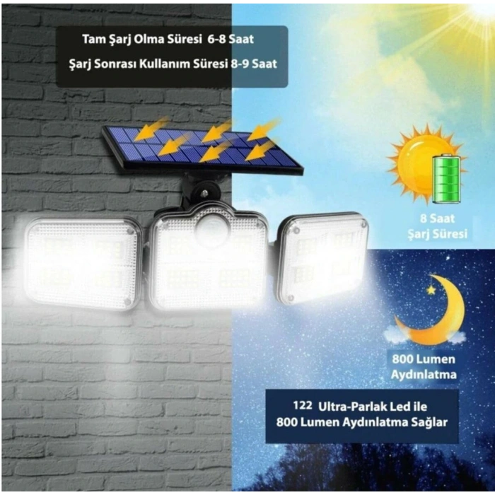 Kumandalı Solar Güneş Enerjili 122 Ledli Hareket Sensörlü Bahçe Aydınlatma Sokak Lambası