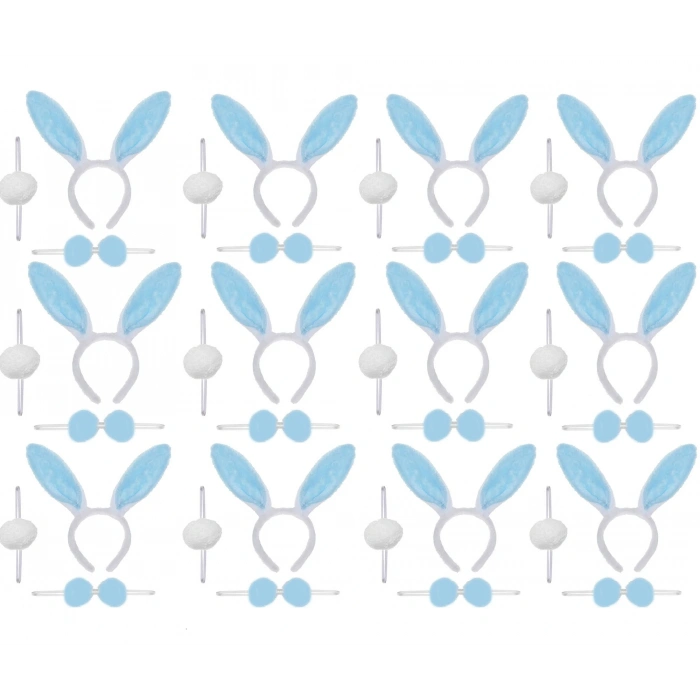 Mavi Tavşan Kostüm Seti – Taç Papyon Ponpon 12 li Paket