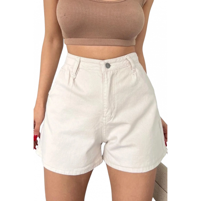 Mini Denim Şort cepli  -KREM