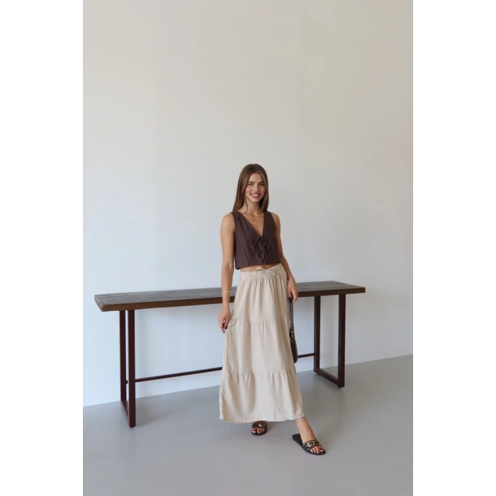 Müslin kumaş keten uzun etek bej pt
