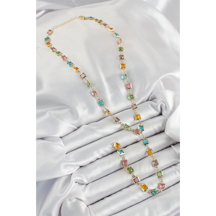 Pirinç Asorti Kare Model Gold Renk Zirkon Taşlı Y Kolye - TJ-BKO10253