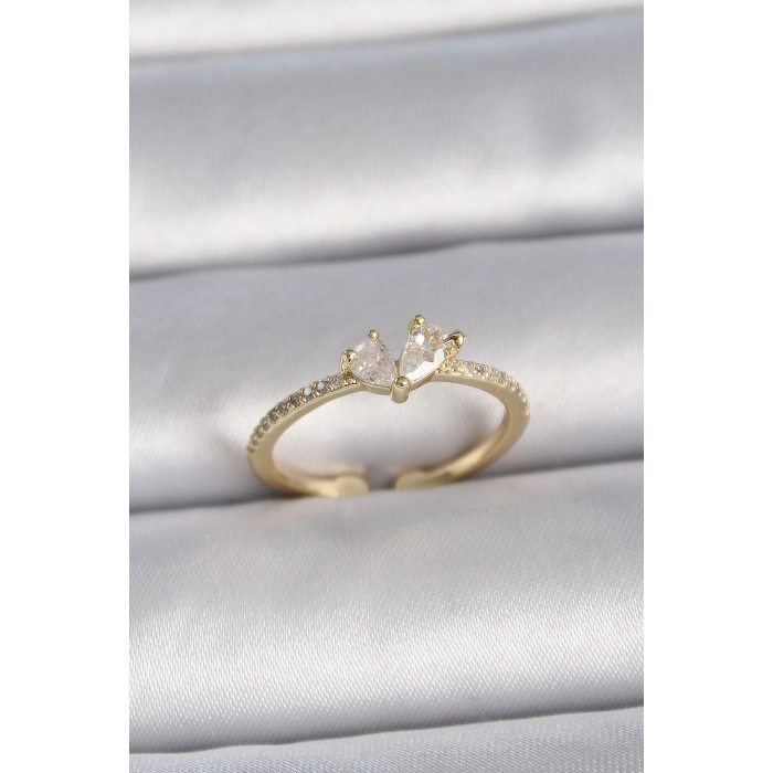 Pirinç Gold Renk Ayarlanabilir Zirkon Taşlı Kalp Model Kadın Yüzük - TJ-BYK3406
