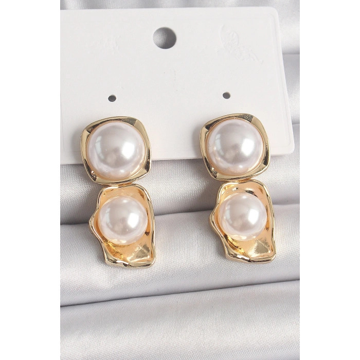 Pirinç Gold Renk İnci Kare Model Kadın Küpe - TJ-BKP10071