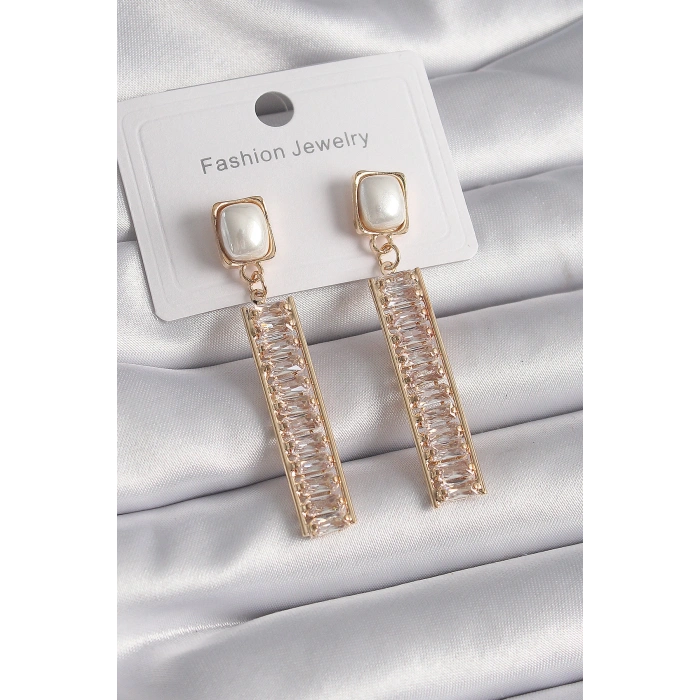 Pirinç Gold Renk Kare İnci Zirkon Taşlı Su Yolu Model Kadın Küpe - TJ-BKP9610