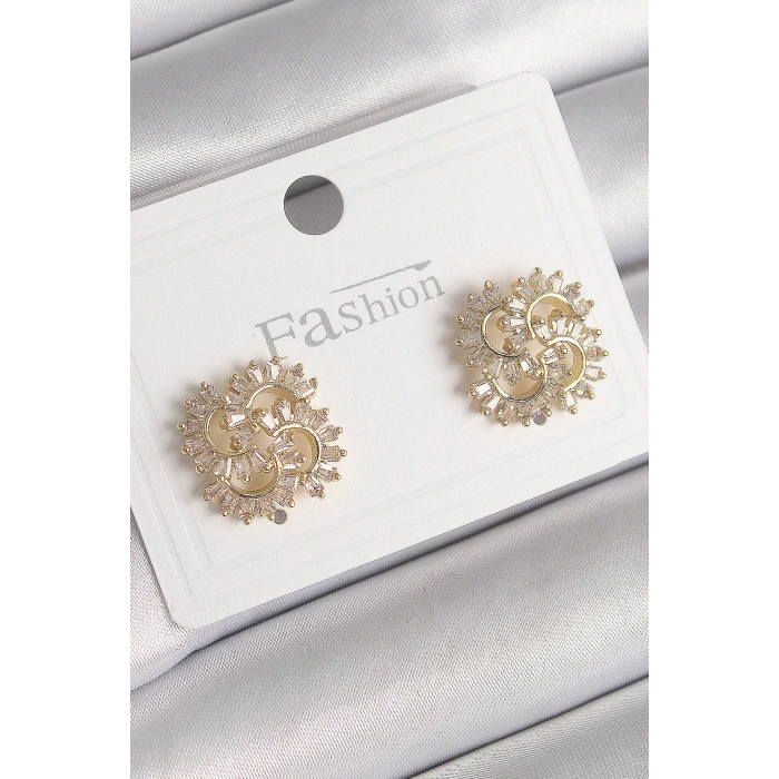 Pirinç Gold Renk Zirkon Taşlı Yonca Model Kadın Küpe - TJ-BKP9792