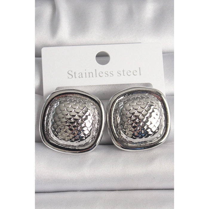 Pirinç Gümüş Renk İşlemeli Kare Model Kadın Küpe - TJ-BKP10148