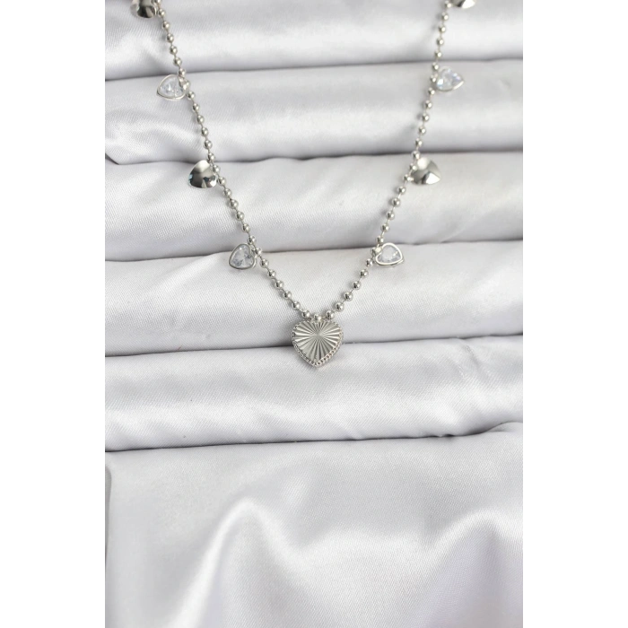 Pirinç Gümüş Renk Kalp Model Kadın Kolye - TJ-BKO10653