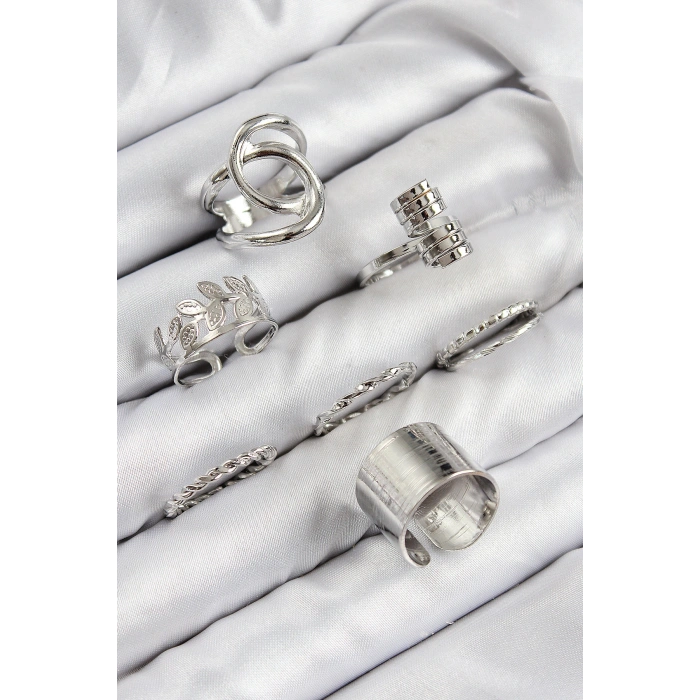 Pirinç Yaprak Model Gümüş Renk Kadın Yüzük Kombin Set - TJ-BYK3818