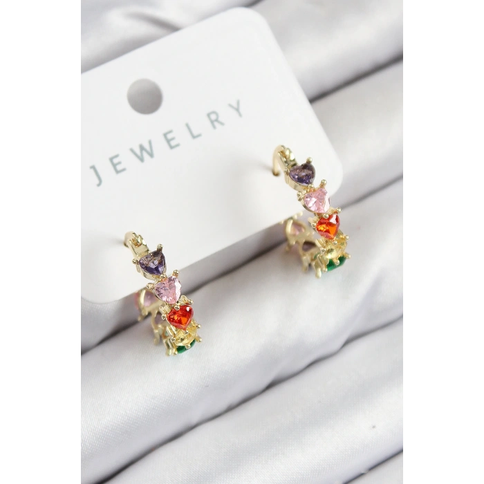 Pirinç Zirkon Taşlı Kalp Model Gold Renk Kadın Küpe - TJ-BKP11079