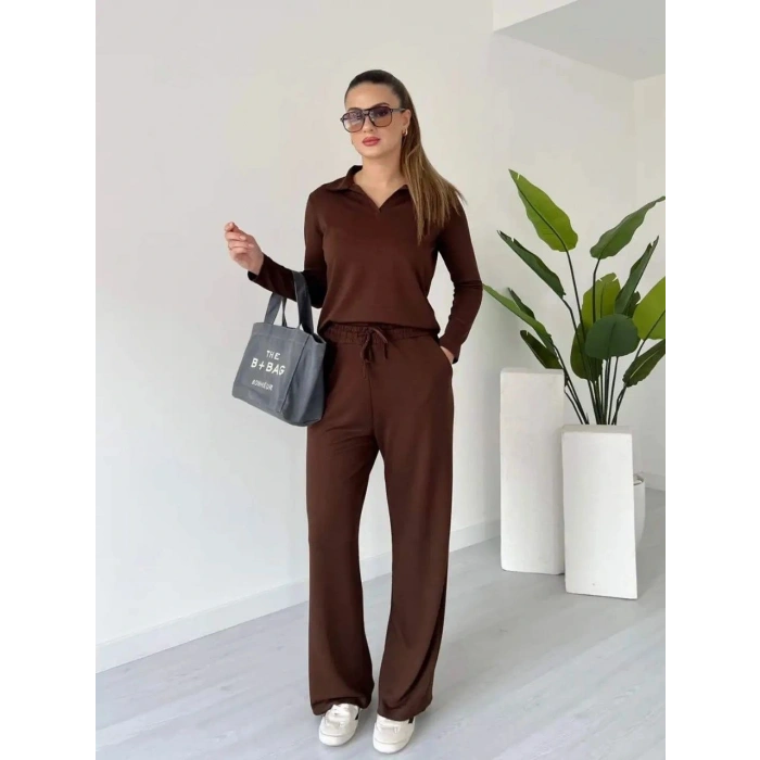 Polo yaka alt üst kollu modal takım kahve pt