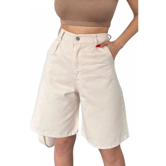Rahat Kesim  Denim Şort CEPLİ-Krem