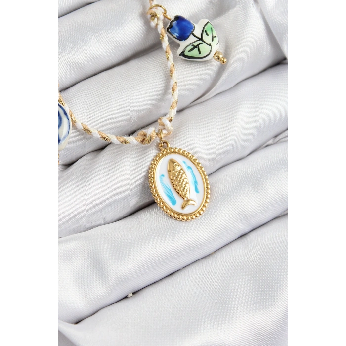Seramik Motifli Balık Figürlü Model Krem İp Kadın Kolye - TJ-BKO10400