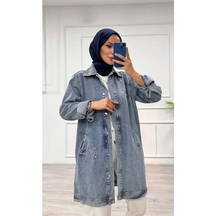 Taşlı tunik ceket kar yıkamalı mavi d2516