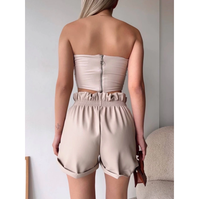 Tüllü deri crop bej w24615