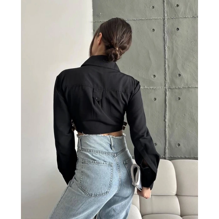 Yanı kemer detaylı crop gömlek siyah s4009