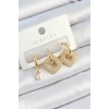 Pirinç Zirkon Taşlı Kare Model Gold Renk 3lü Çift Kadın Küpe Set - TJ-BKP10821