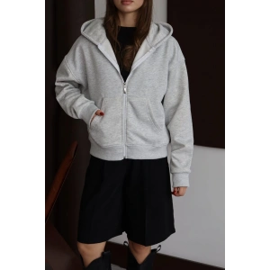 3 iplik şardonlu kapşonlu hoodie frm gri p510437