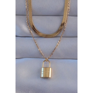 316L Çelik Gold Renk Çift Zincir Kilit Model Kolye - TJ-BKO8941