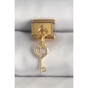 316L Çelik Gold Renk Sallantı Zirkon Taşlı Kalpli Anahtar Model Nomination Charm - TJ-BC1371