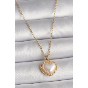 316L Çelik Gold Renk Zincir 3D İnci Kalp Model Kadın Kolye - TJ-BKO9713