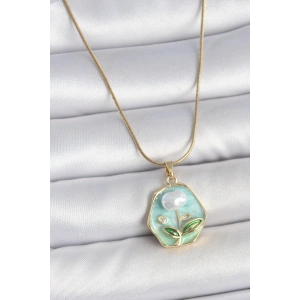 316L Çelik Gold Renk Zincir Mavi Çiçek İşlemeli İnci İşlemeli Portre Model Kadın Kolye - TJ-BKO10126